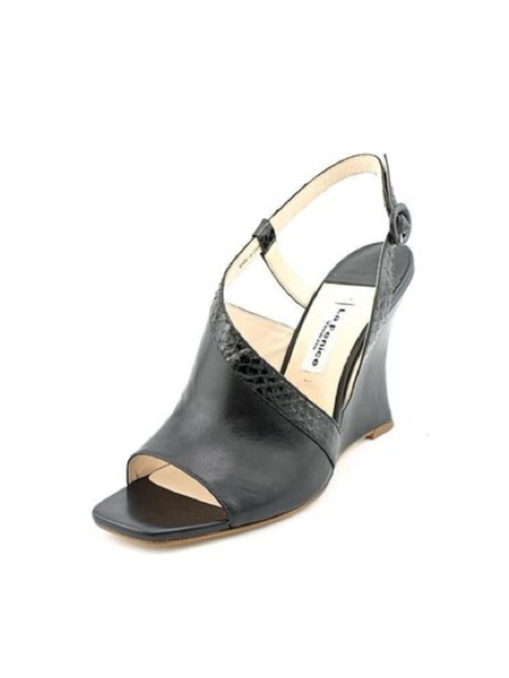 Leather Black Peep-Toe Wedge Slingback